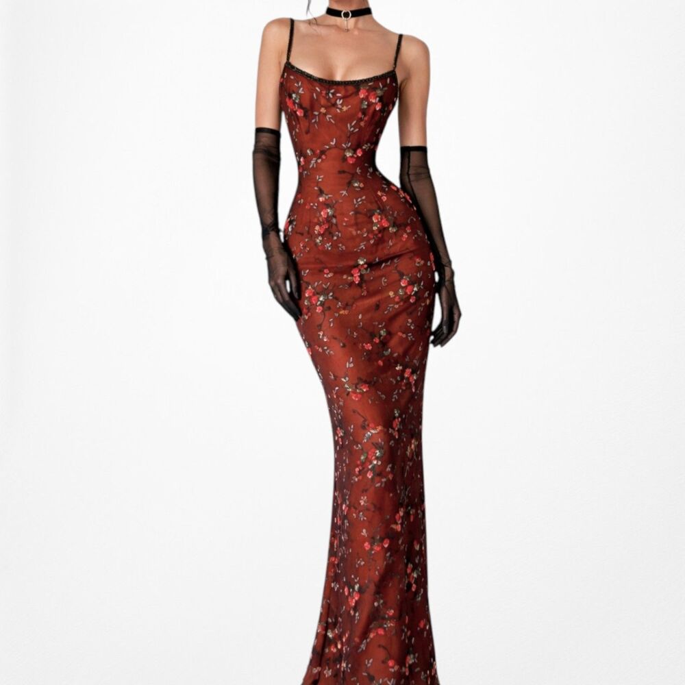 Vintage Y2K Orange Silk Brown Floral Beaded Mesh Bodycon Maxi Prom Dress Size M
